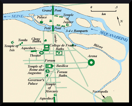 Fig.1: Section of a map of Roman Paris (after Crypte Archéologique 2005, Paris; MacKendrick 1972)