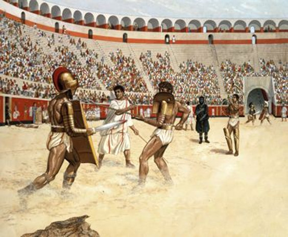 Gladiator fight in the amphitheatre of Pompeii.jpg